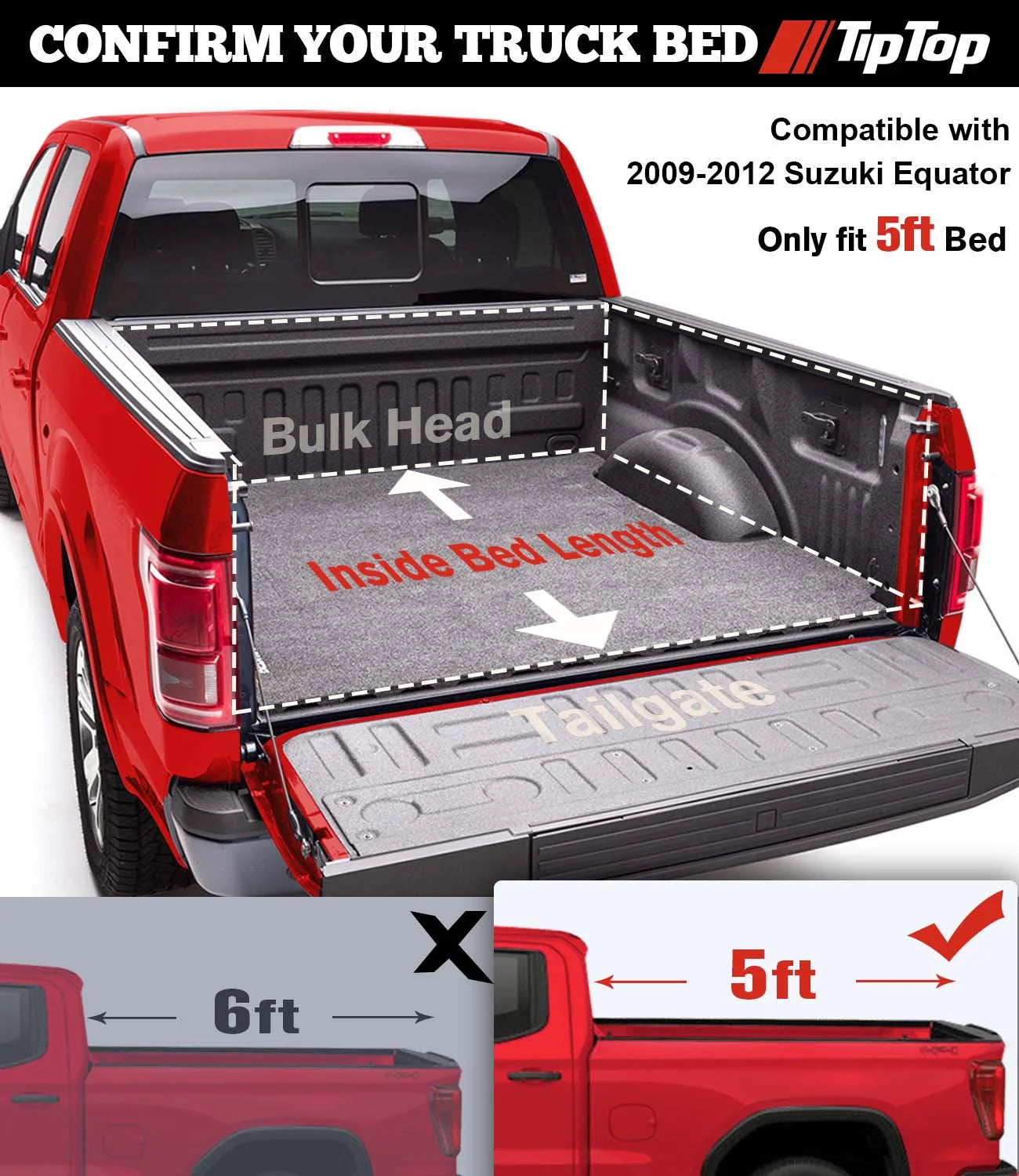 TIPTOP Tri-Fold Hard Tonneau Cover Truck Bed FRP On Top For 2009-2012 Suzuki Equator with 5ft Bed (59.5") | TPM3 |For Models With or Without The Deck Rail System|