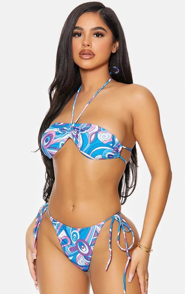 Two-Piece Set of Blueberry Blue Purple Grenada Bandeau Bikini with Gathered Drawstring Tie Side Bottoms (M)