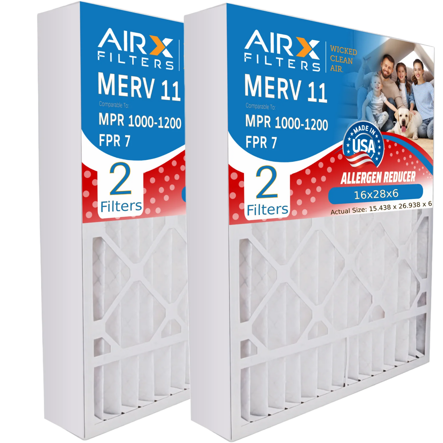 16x28x6 Air Filter MERV 11 Comparable to MPR 1000, MPR 1200 & FPR 7 Compatible with Aprilaire 401 Premium USA Made 16x28x6 Furnace Filter 2 Pack by AIRX FILTERS WICKED CLEAN AIR.