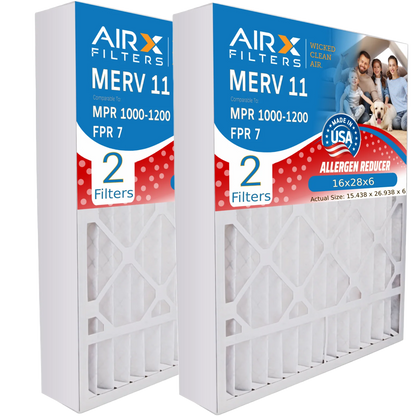 16x28x6 Air Filter MERV 11 Comparable to MPR 1000, MPR 1200 & FPR 7 Compatible with Aprilaire 401 Premium USA Made 16x28x6 Furnace Filter 2 Pack by AIRX FILTERS WICKED CLEAN AIR.