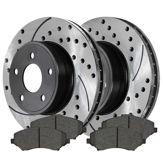 AutoShack Front Drilled Slotted Brake Rotors Black and Ceramic Pads Kit Driver and Passenger Side Replacement for Chrysler Town & Country VW Routan Ram C/V Dodge Journey 2008-2016 Grand Caravan V6 FWD