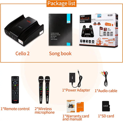 2023 Platinum Cello2 Karaoke Machine for TV with Lyrics Display Built-in 23K+ Aldult Kids Mixed Language MVs & Songs 2 Upgraded Wireless Mic Digital Video Song Recording