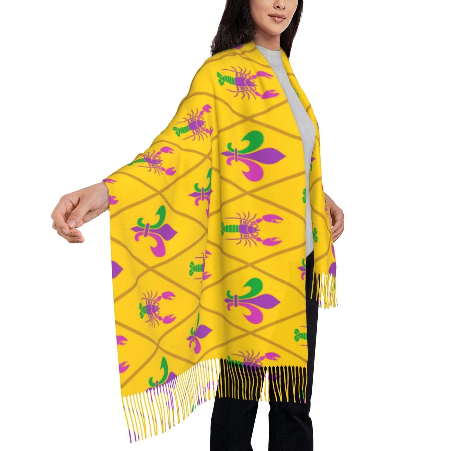 Bingfone Soft Cashmere Feel Scarf For Women Elegant Art Print Winter Warm Scarves Large Shawl Wrap Gifts- Mardi Gras Crayfish and Fleur de lis