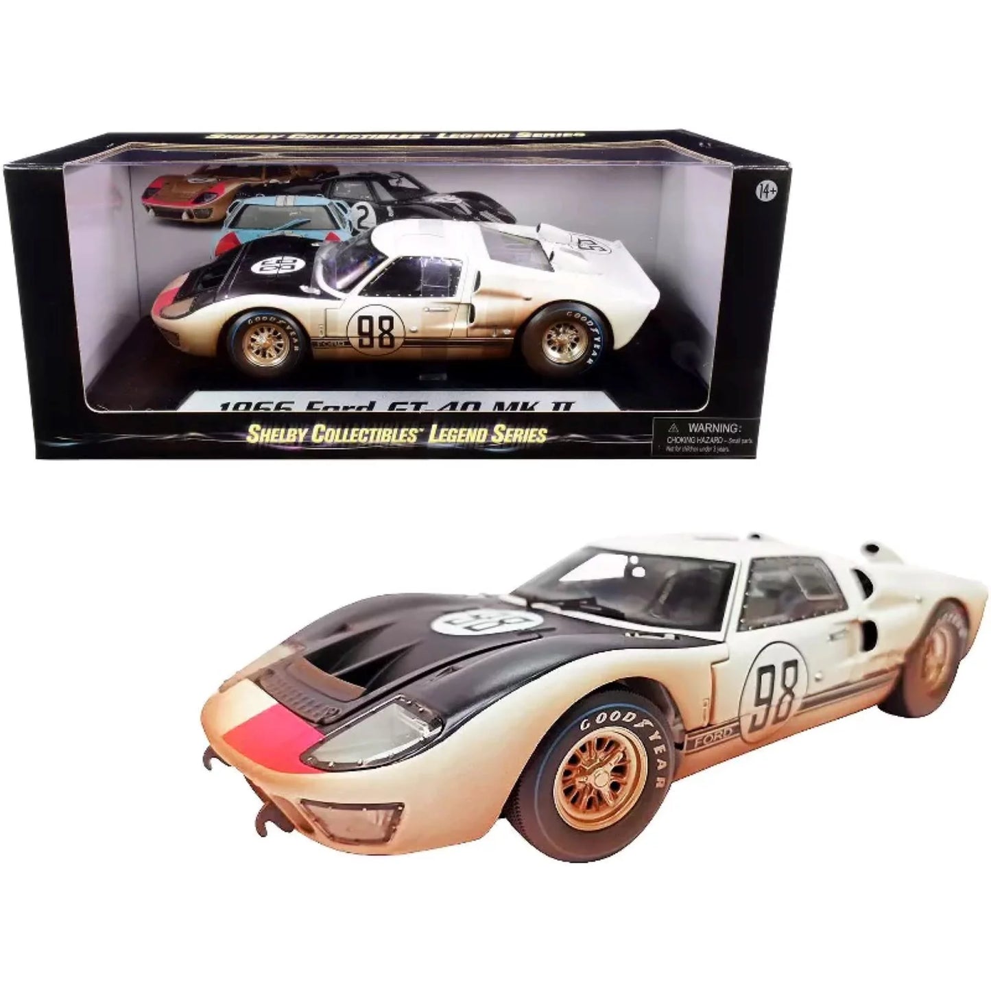 1966 GT-40 MK II #98 White with Black Hood After Race (Dirty Version) 1/18 Diecast Model Car by Shelby Collectibles