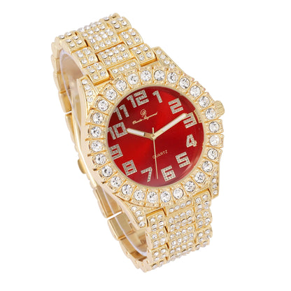 Charles raymond Mens Big Rocks with Numerals Fully Iced Out Colorful Dial Blinged Out Hip Hop Watch - ST10327AR Single Gold Blood Red