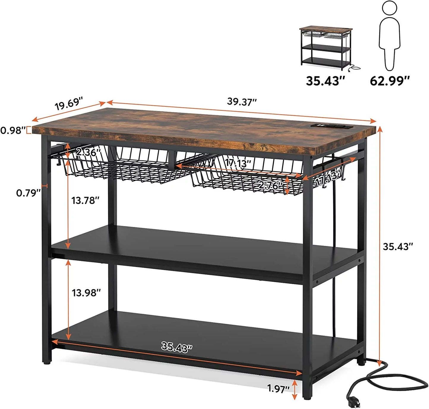 STCKJXX Kitchen Island with Industrial Island Table with Power Outlets and Wire Baskets 3 Tier Microwave Oven Stand Butcher Block Island with Large Worktop 4 Hooks Rustic Brown