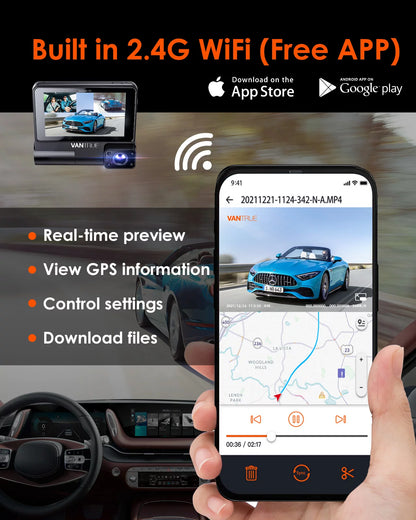 Vantrue S2 3 Channel 2K Front+1080P Interior +1080P Rear 30FPS WiFi Dash Cam, 3 inch Touchable IPS Screen Car Camera with Nearly 360° Wide Angle, GPS built in, 24h Parking Monitor, Supercapacitor