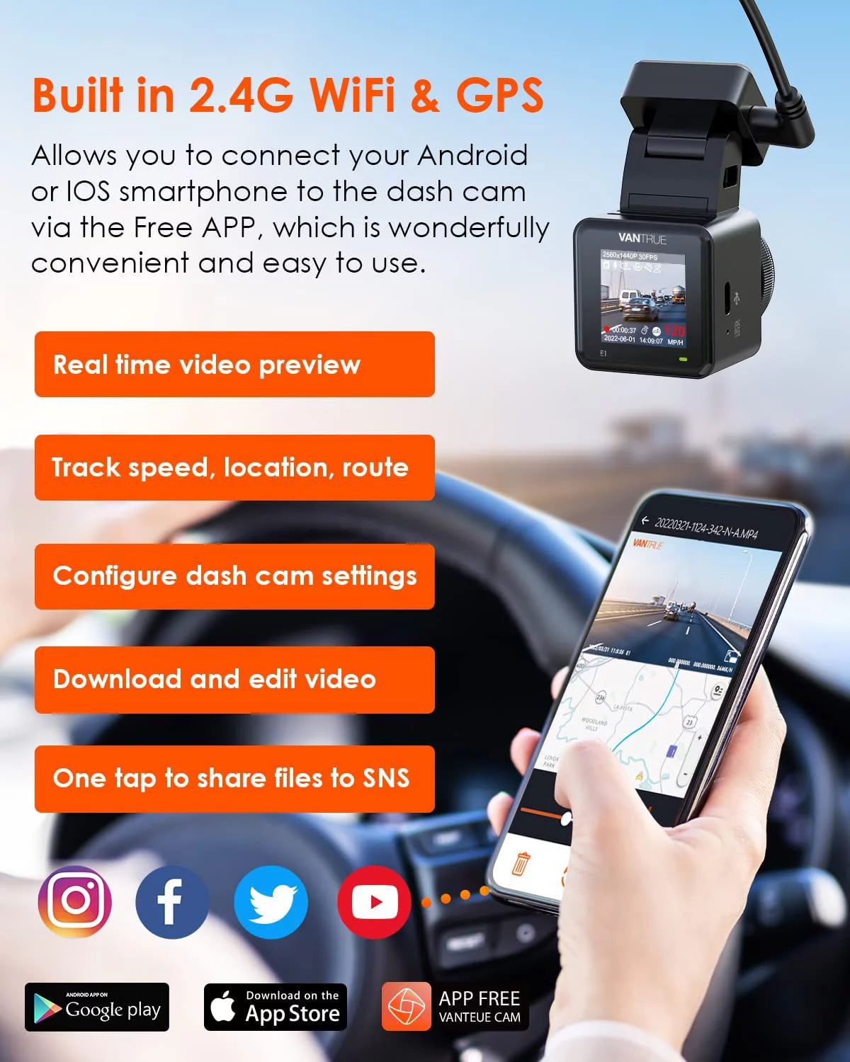 Vantrue E1 2.7K WiFi Mini Dash Cam with GPS and Speed, Voice Control Front Car Dash Camera, 24 Hours Parking Mode, Night Vision, Buffered Motion Detection, APP, Wireless Controller, Support 512GB Max