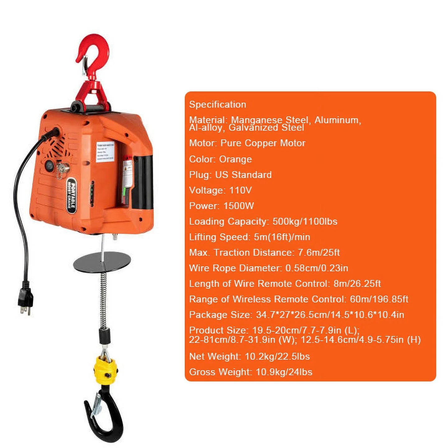 3-in-1 Hoist, Electric Hoist Winch, 1100lbs Portable Electric Winch, 110V Power Winch Crane, 25ft Lifting Height, w/Wire Control, Overload Protection for Lifting Towing