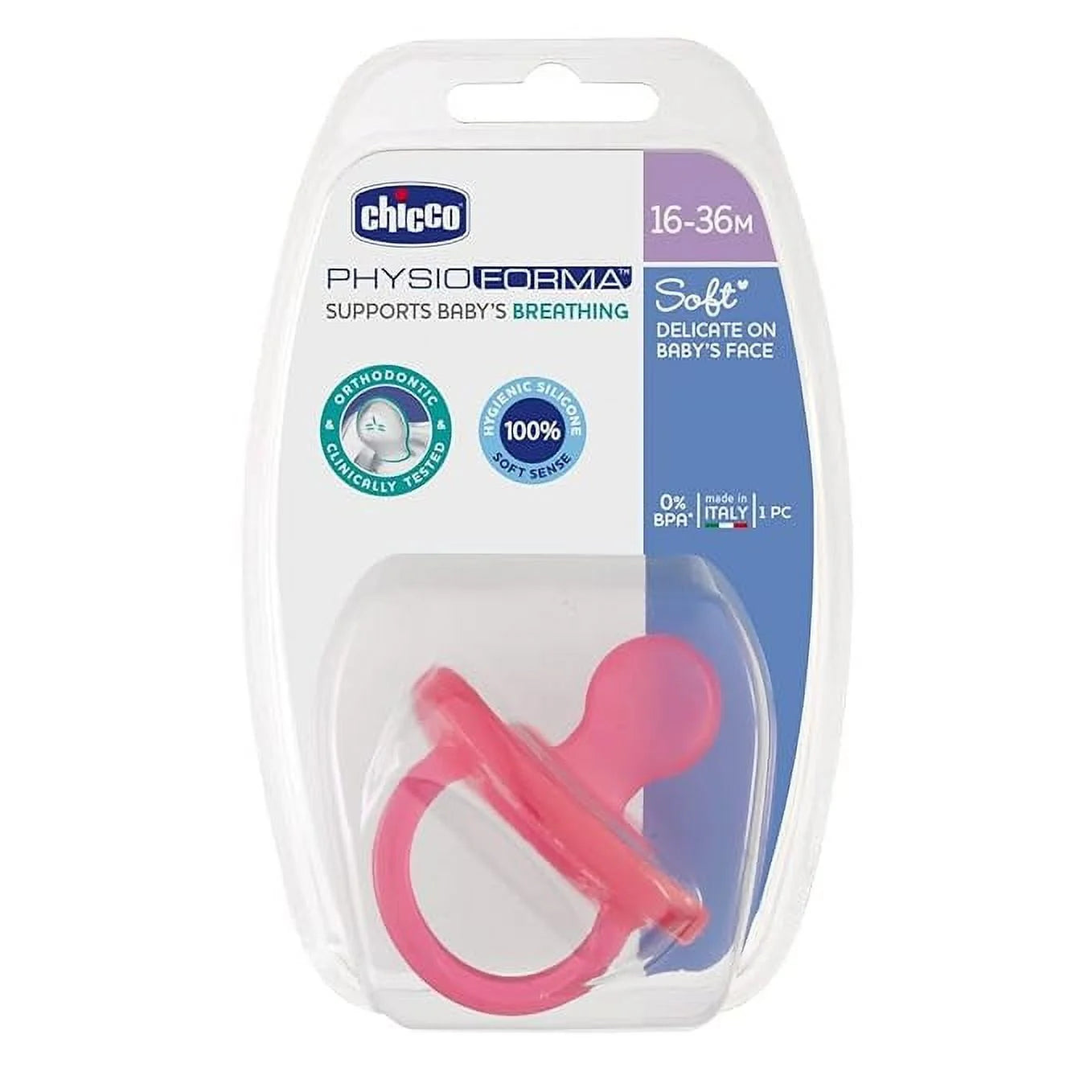 Chicco Physio Soft Baby Soother with Unique Shape to Support Psychological Breathing, Teether & Pacifier for Toddlers, BPA Free, 16-36M (Pink)