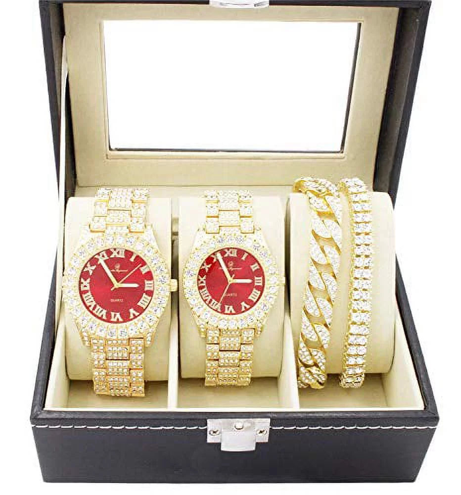 Bling'ed Out King and Queen Hip Hop Watch Set Perfect for Power Couples to Flaunt On and Off The Dance Floor - ST10325/ST10364 His&Hers (ST10327GldRed)