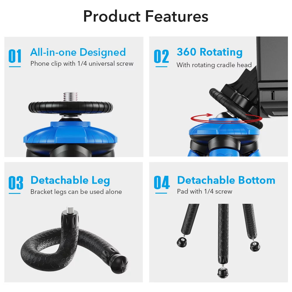 APEXEL APL-JJ07 Detachable Flexible Octopus Tripod Portable Mini Travel Mobile Phone Tripod with Foldable Phone Clip Compatible with GoPro DSLR Camera Max Load 3kg