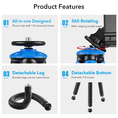 APEXEL APL-JJ07 Detachable Flexible Octopus Tripod Portable Mini Travel Mobile Phone Tripod with Foldable Phone Clip Compatible with GoPro DSLR Camera Max Load 3kg