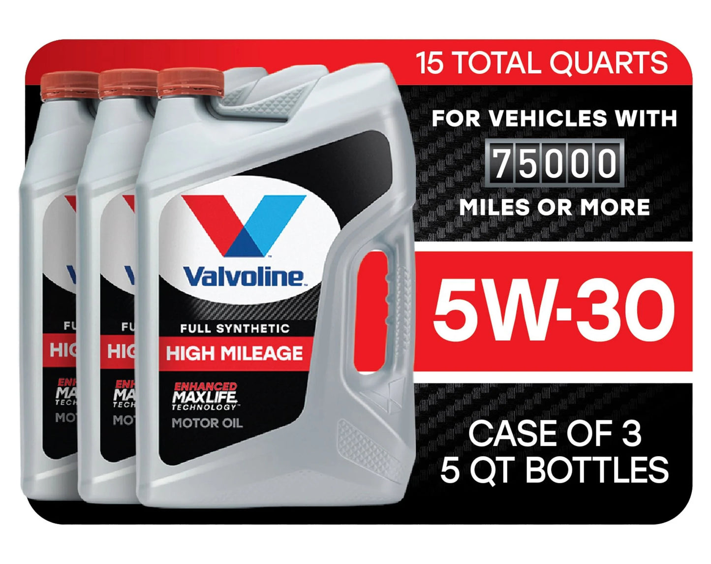 Valvoline Full Synthetic High Mileage MaxLife 5W-30 Motor Oil 5 QT, Case of 3