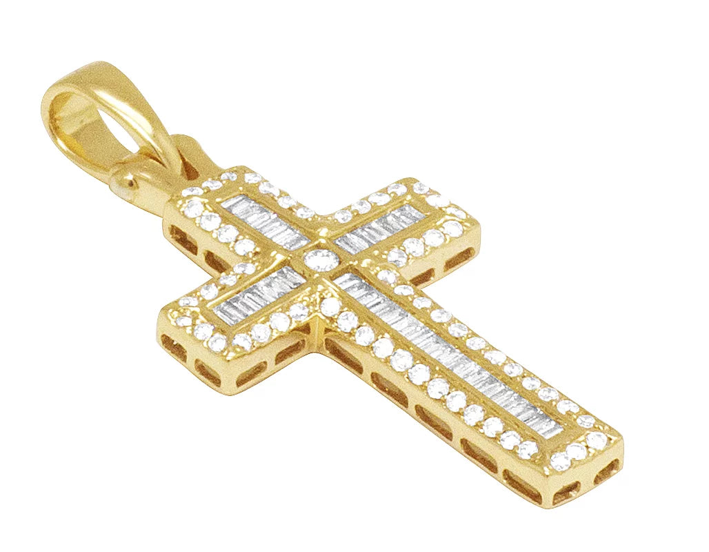 14K Yellow Gold Diamond Baguette Cross 1.25" 0.4CT