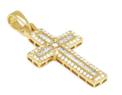 14K Yellow Gold Diamond Baguette Cross 1.25" 0.4CT