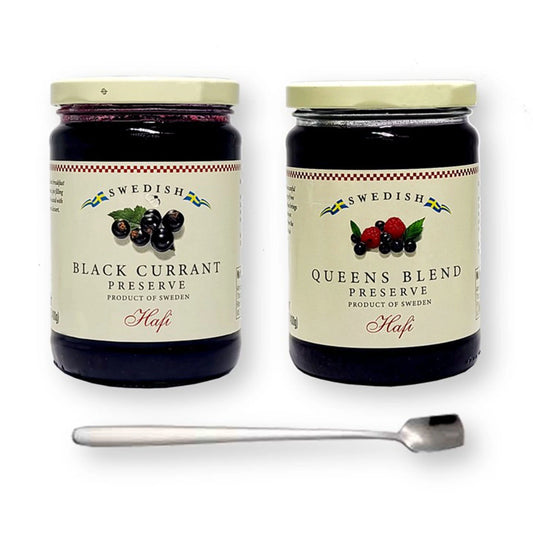 Combo Pack of Hafi Swedish Black Currant & Swedish Queens Blend Preserves 14.1 Oz. (400 ml) Each with Bonus Stainless Steel Stirring Spoon (3-Pc Set)