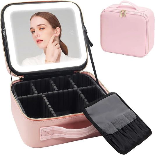 Aokur Travel Makeup Bag with Light and Mirror, 3 Color LED Light Travel Makeup Organizer for Women, Rechargeable Makeup Case Beauty Tools Accessories Ideal Gifts for Her, Pink