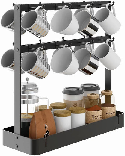 BOIVSHI Coffee Cup Mug Holder with Movable Hooks,2 Tier Mug Tree Holder Rack with Storage Base Coffee Cup Holder for Countertop, Black 16 Hooks