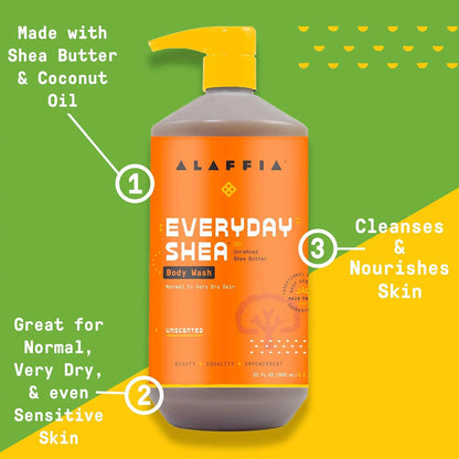 Alaffia Everyday Shea Body Wash, Naturally Moisturizing Cleanser For All Skin Types With Fair Trade Shea Butter, Neem & Coconut Oil, Unscented, 32 Fl Oz.