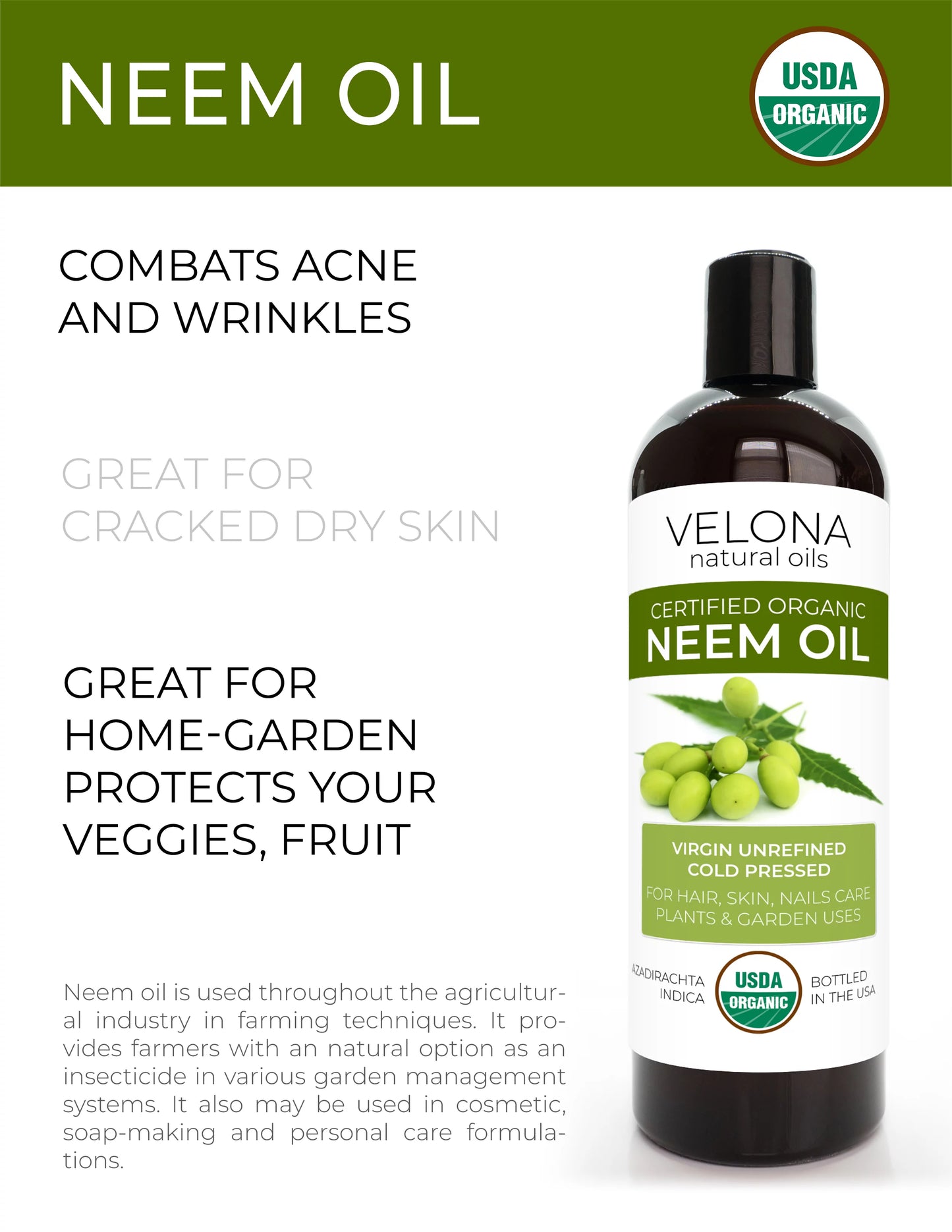 Velona Neem Oil USDA Certified Organic - 64 oz | 100% Pure and Natural Carrier Oil | Virgin, Unrefined, Cold Pressed | Hair, Body and Skin Care | Use Today - Enjoy Results