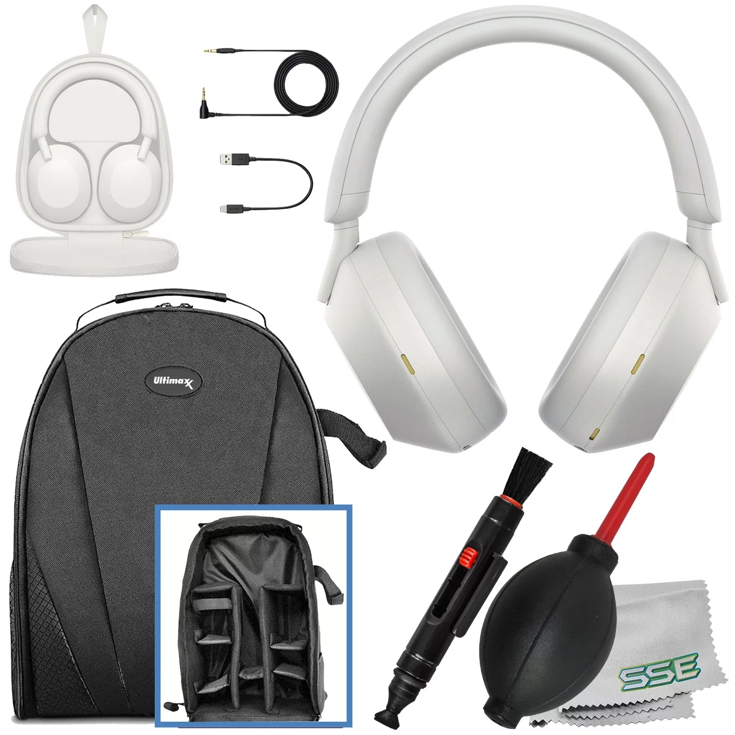 Ultimaxx Essential Sony WH-1000XM5 Noise-Canceling Wireless Over-Ear Headphones Bundle (Silver) - Includes: Water-Resistant Gadget Backpack & More (7pc Bundle)