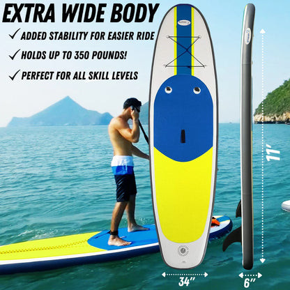 Blue Water Toys Portable Inflatable Stand Up Paddle Board Kit with Pump, Backpack, Coil Leash, and Repair Kit, SUP 350 Pound Limit, 11 Feet by 34 Inches