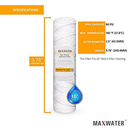 Standard 10"X2.5" String Sediment Water Filter (5 Micron), Hard Well, Whole House, WVO Biodiesel, Compatible With Standard RO Reverse Osmosis Systems, WH Systems