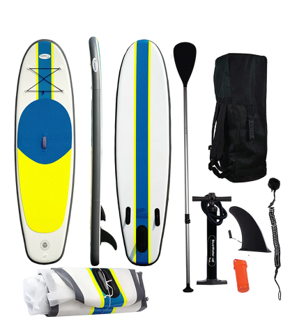 Blue Water Toys Portable Inflatable Stand Up Paddle Board Kit with Pump, Backpack, Coil Leash, and Repair Kit, SUP 350 Pound Limit, 11 Feet by 34 Inches