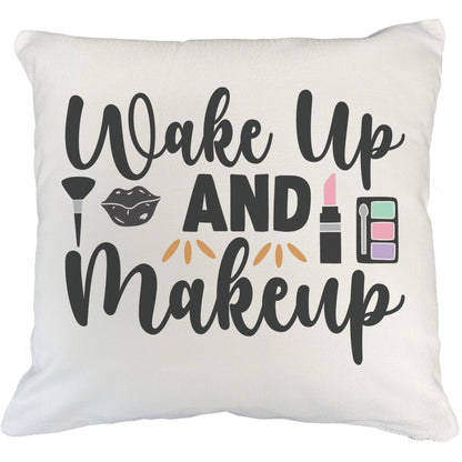 Wake up & Makeup w/ Powder Brush, Lip, Pink Lipstick & Eyeshadow Palette Design - Beauty Themed Merch for Makeup Artist or Cosmetologist, Gift for Makeup Lovers, Pillow Cover, White 20X20 IN