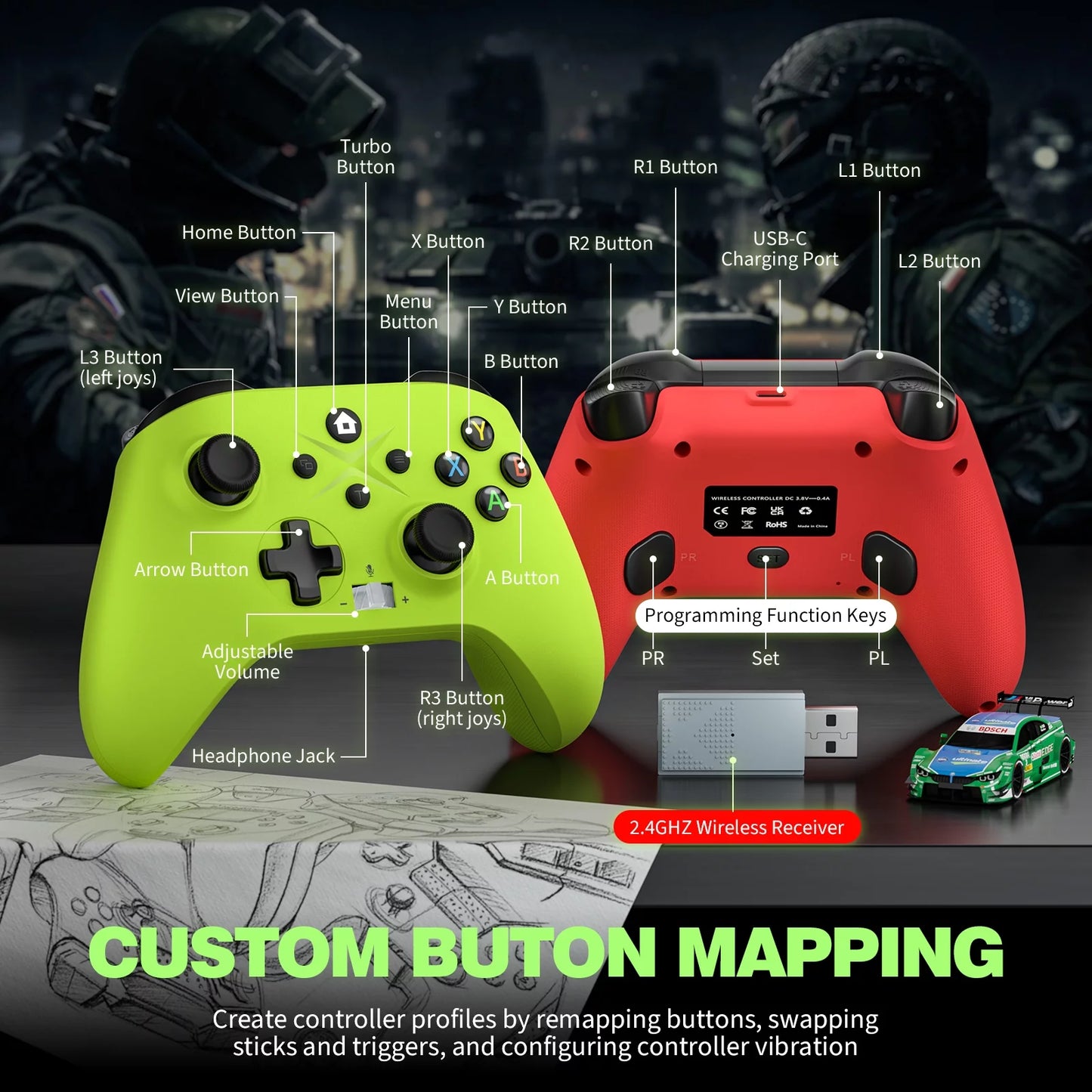 2 Pack Wireless Xbox Controller for Xbox One, Xbox One X/S, Xbox Series X/S, Windows PC 10/11 Gamepad with Audio Jack & Volume Button/Turbo/Macro/Motion Control & Rechargeable Battery - Green+Red