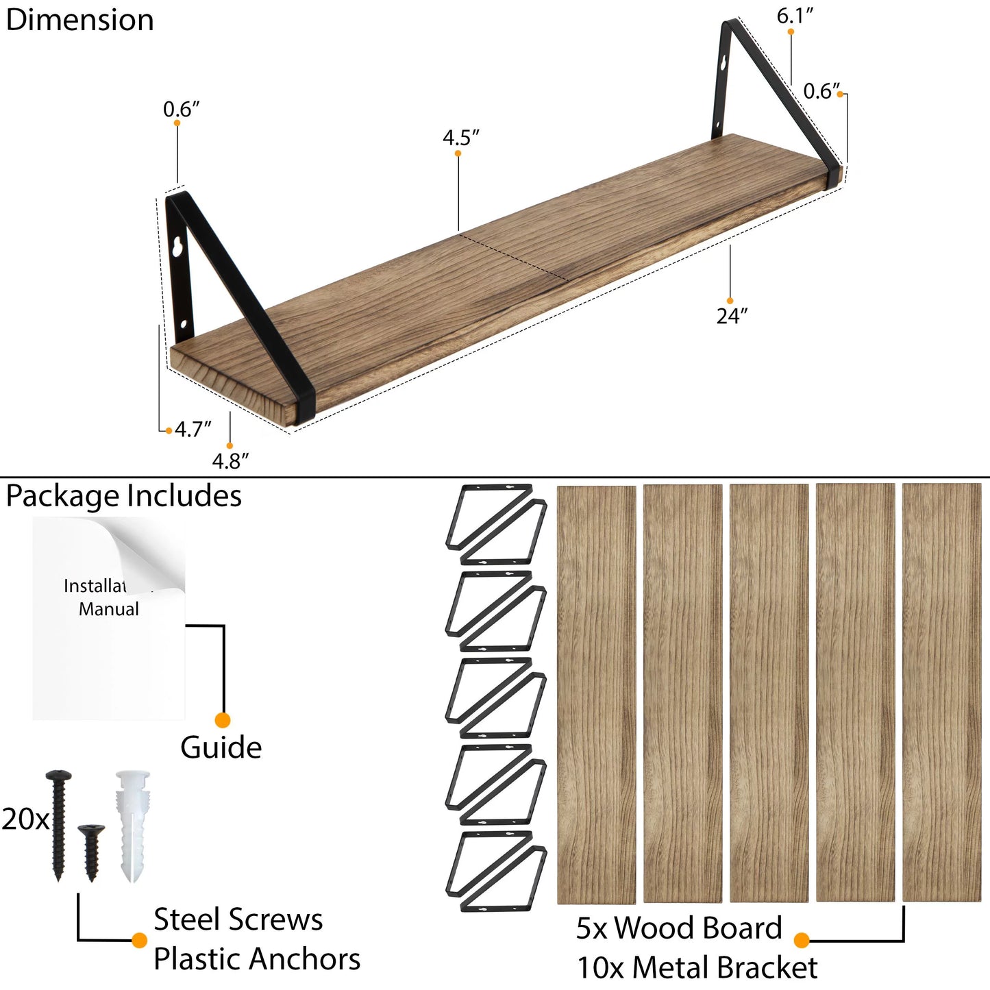 Wallniture Ponza 24" Wall Mounted Rustic Floating Shelf with Brackets for Kitchen Living Room Bedroom, Natural Burned, Set of 5