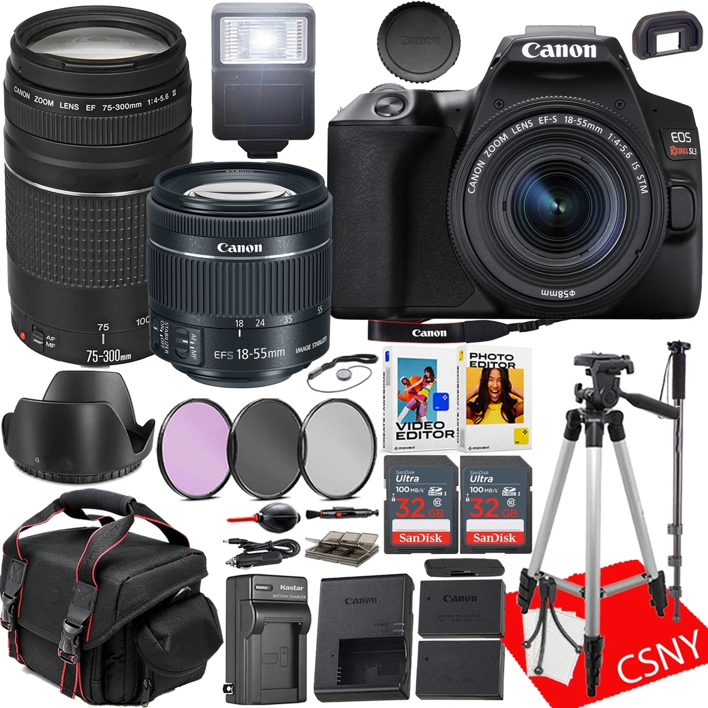 Canon EOS Rebel SL3 DSLR Camera With 15-55mm Lens + 75-300mm Lens + Filters + Tripod + Spare travel Charger + PC Software + More (27 pc Bundle)