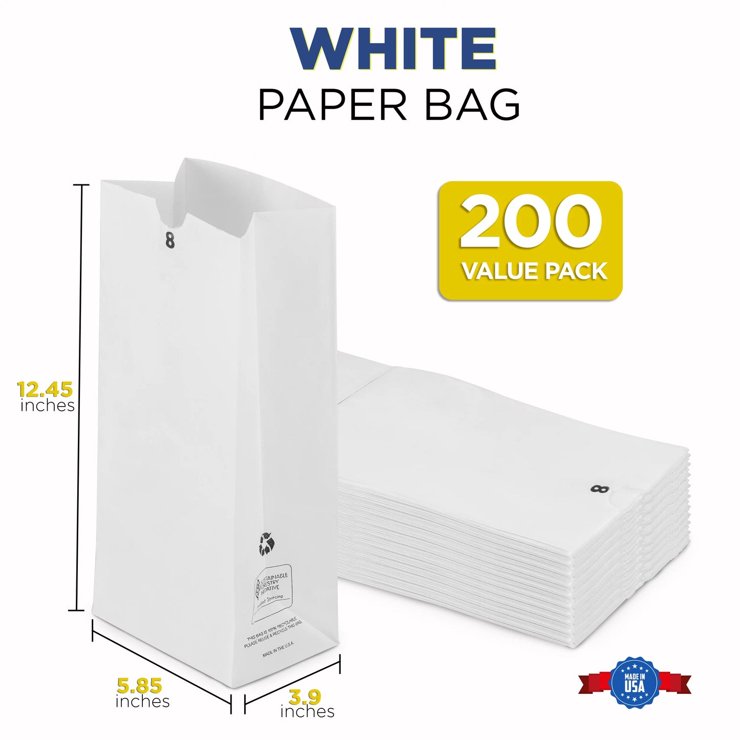 [200 Pack] 8 LB 12.44 x 6.13 x 4.13" White Paper Bags Grocery Lunch Retail Shopping Durable Barrel Sack