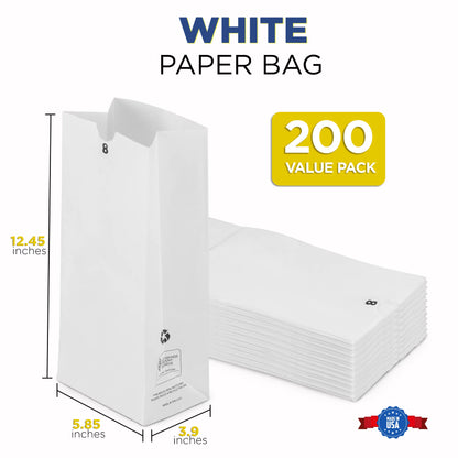 [200 Pack] 8 LB 12.44 x 6.13 x 4.13" White Paper Bags Grocery Lunch Retail Shopping Durable Barrel Sack