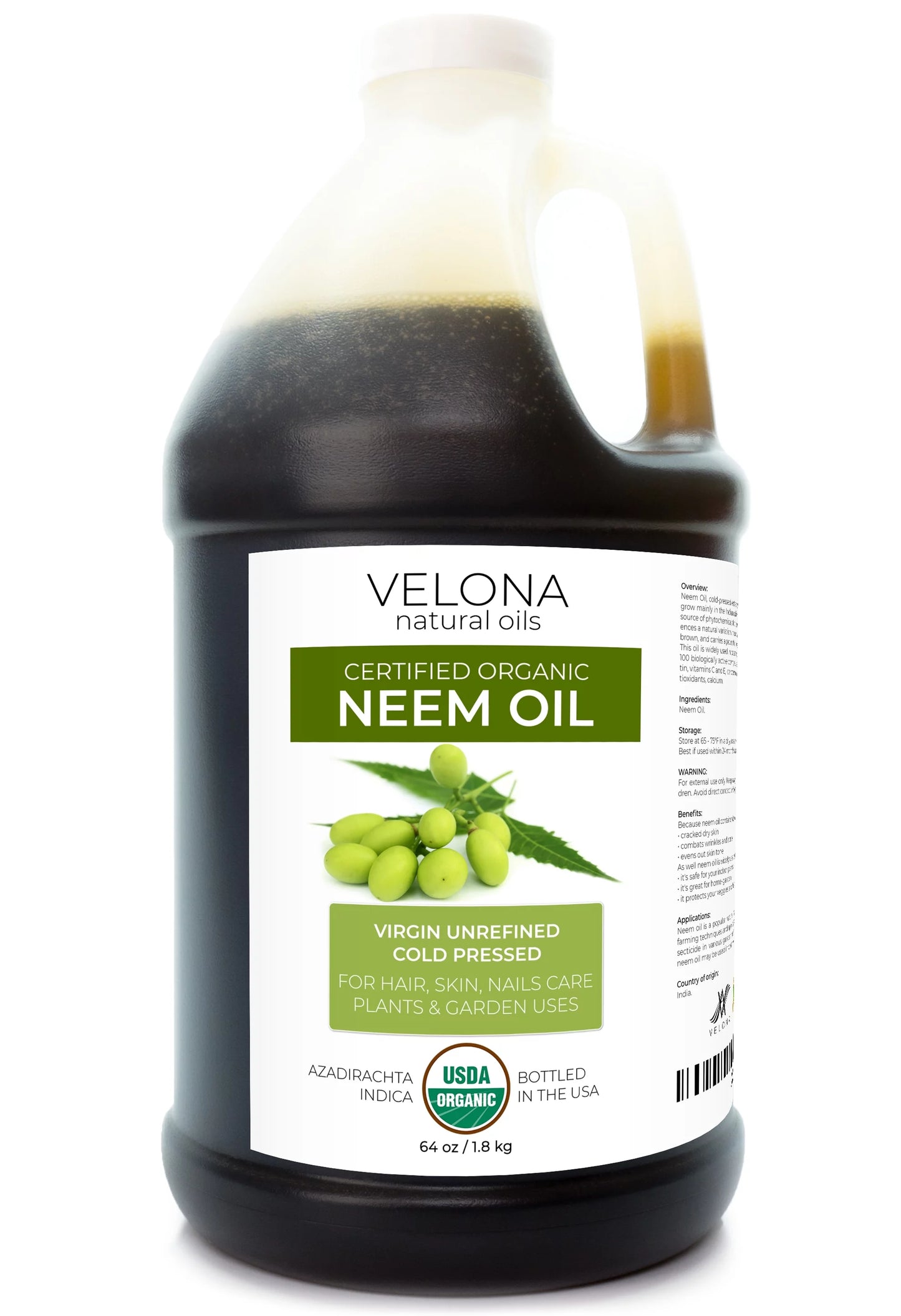 Velona Neem Oil USDA Certified Organic - 64 oz | 100% Pure and Natural Carrier Oil | Virgin, Unrefined, Cold Pressed | Hair, Body and Skin Care | Use Today - Enjoy Results