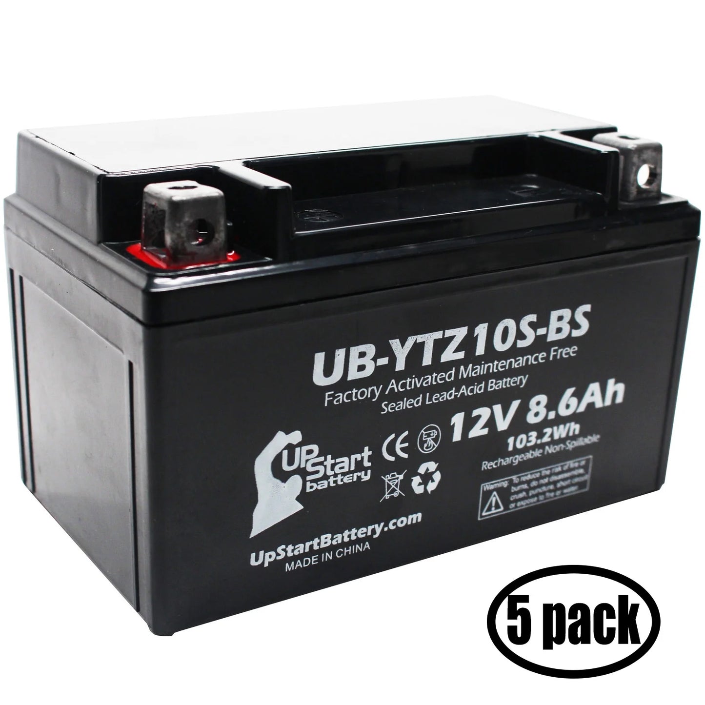 5-Pack UpStart Battery Replacement for 2005 Yamaha YZF-R1 1000CC Factory Activated, Maintenance Free, Motorcycle Battery - 12V, 8.6Ah, UB-YTZ10S-BS