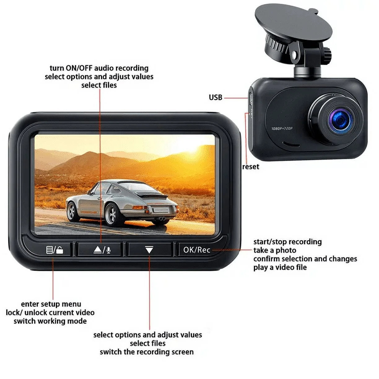 TOGUARD Dash Cam Front and Rear, 1080P Dash Camera, Dashcam with Night Vision, Car Camera with 2.45-inch LCD Display, Parking Mode, G-Sensor, Loop Recording, WDR