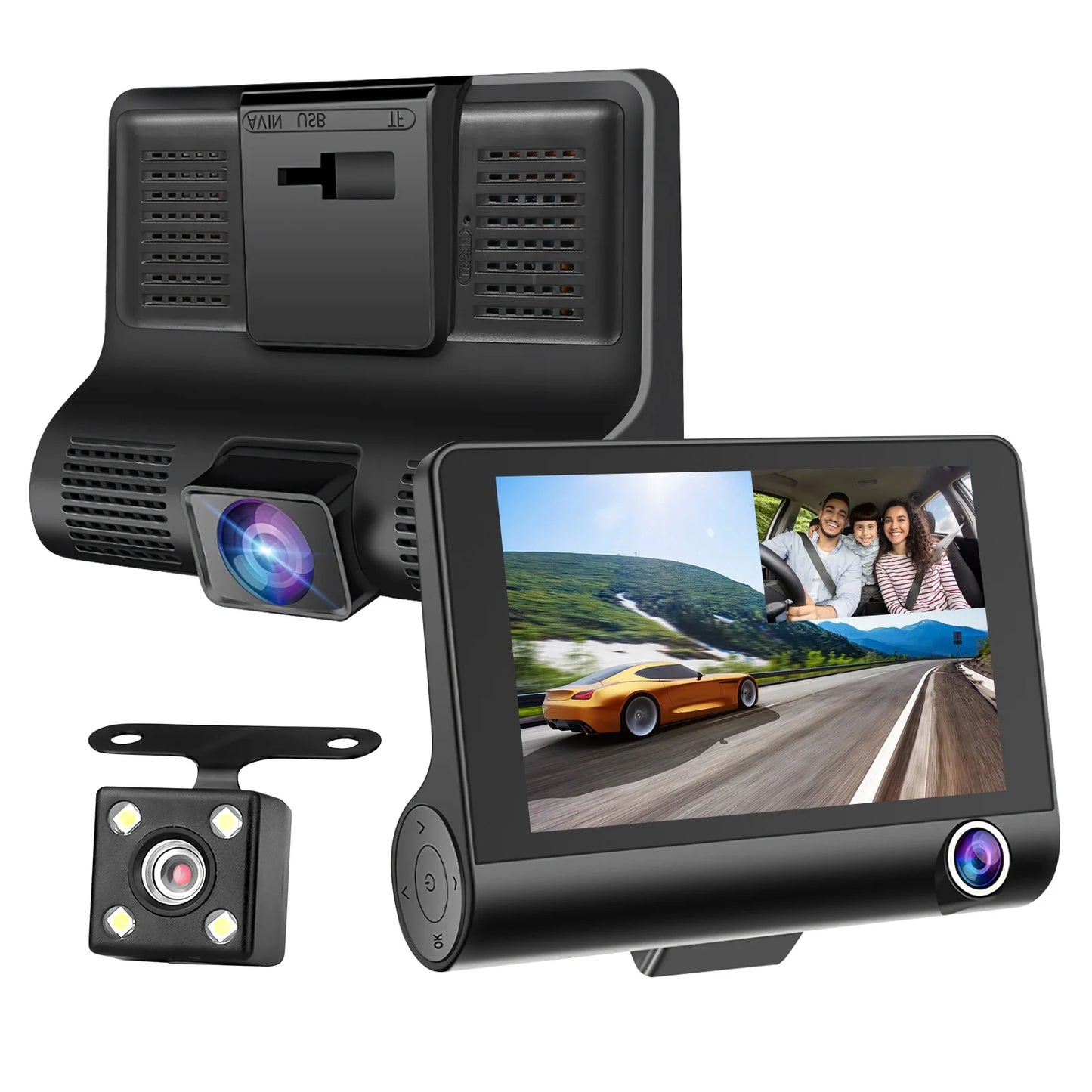 Cheefull Wide Angle Dash Cam 4 Inch 3 Cameras Wide Angle Night Vision Loop Recording Car Driving Recorder Backup Camera