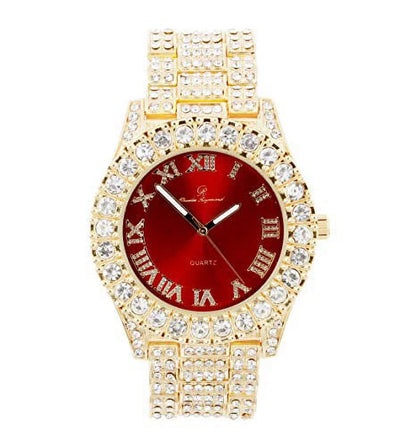 Bling'ed Out King and Queen Hip Hop Watch Set Perfect for Power Couples to Flaunt On and Off The Dance Floor - ST10325/ST10364 His&Hers (ST10327GldRed)