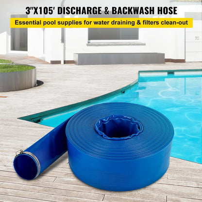 BENTISM Discharge Hose, 3" x 105', PVC Fabric Lay Flat Hose, Heavy Duty Backwash Drain Hose with Clamps, Weather-proof & Burst-proof, Ideal for Swimming Pool & Water Transfer