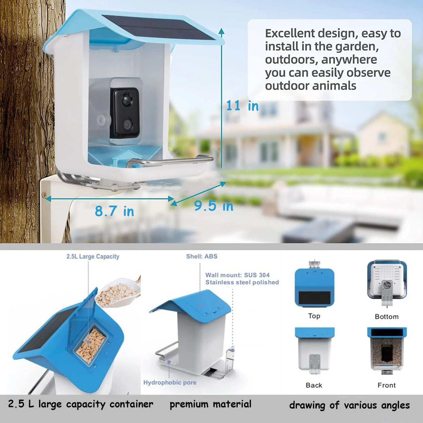 Adrinfly Smart Bird Feeder Camera, Bird Feeders with HD Camera & Solar Panel, Wireless App Control AI Identify Bird Species, Auto Capture Bird Videos & Notify When Birds Detected, Bird Lover Gift