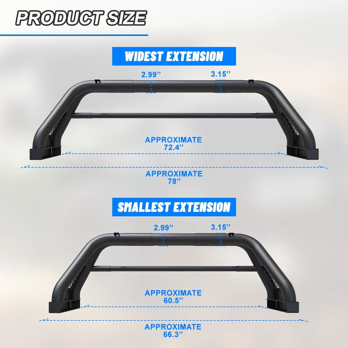 62.9-74.7" Adjustable Truck Roll Sport Bar Chase Rack Bed Bar Fit For 2019-2023 Ford Ranger