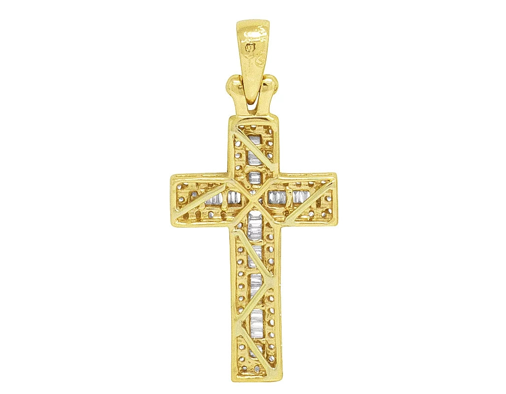 14K Yellow Gold Diamond Baguette Cross 1.25" 0.4CT