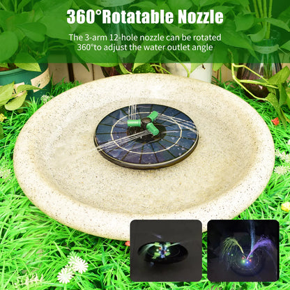 6W Colorful Solar Fountain Pump With Rotatable Nozzle RGB Solar Pump With Battery Auto-Shut off 9 Inch Fountain for Bird Bath Garden Small Pond