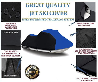 BLACK / BLUE HEAVY-DUTY, 600 DENIER Jet Ski PWC Cover Compatible for Yamaha Wave Runner Pro VXR 1991 1992 1993 1994 1995 1996 DURABLE 1-2 Seater