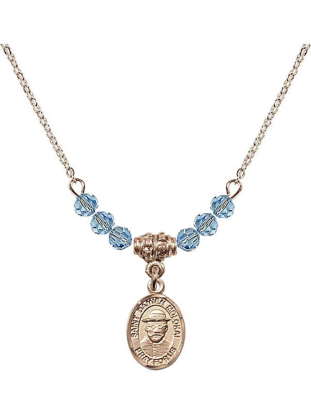 18-Inch Hamilton Gold Plated Necklace with 4mm Blue March Birth Month Stone Beads and Saint Damien of Molokai Charm