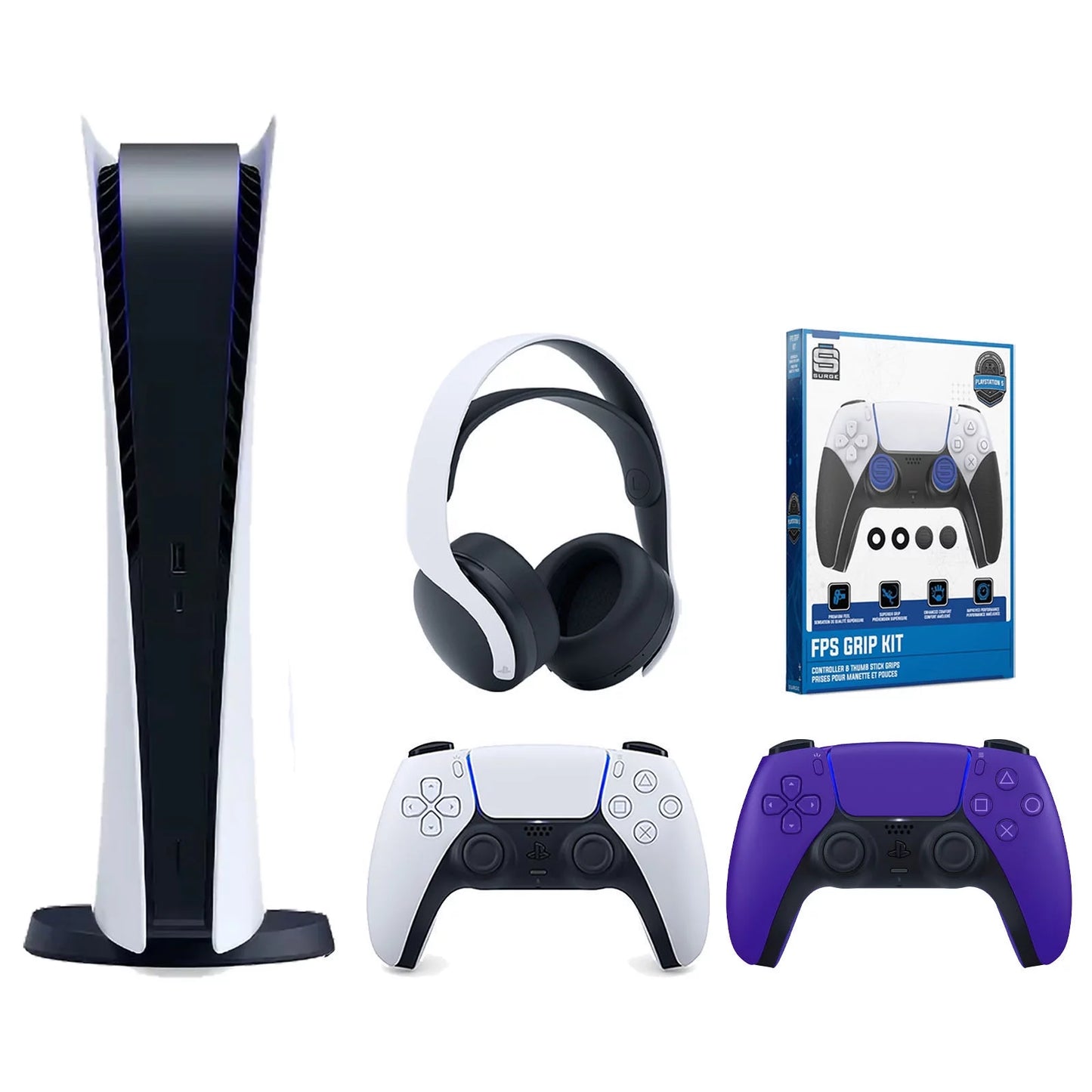 Sony Playstation 5 Digital Edition Console with Extra Purple Controller, White PULSE 3D Headset and Surge FPS Grip Kit With Precision Aiming Rings Bundle