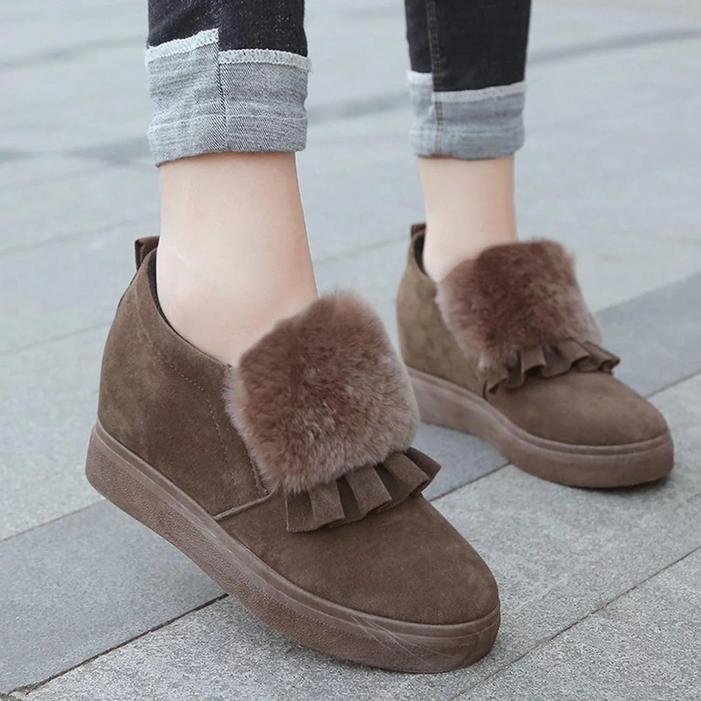 Womens Ankle Boots Fashion Classic Cotton Shoes Vintage Autumn Winter Furball Embellished Thicksoled Wedges Boots