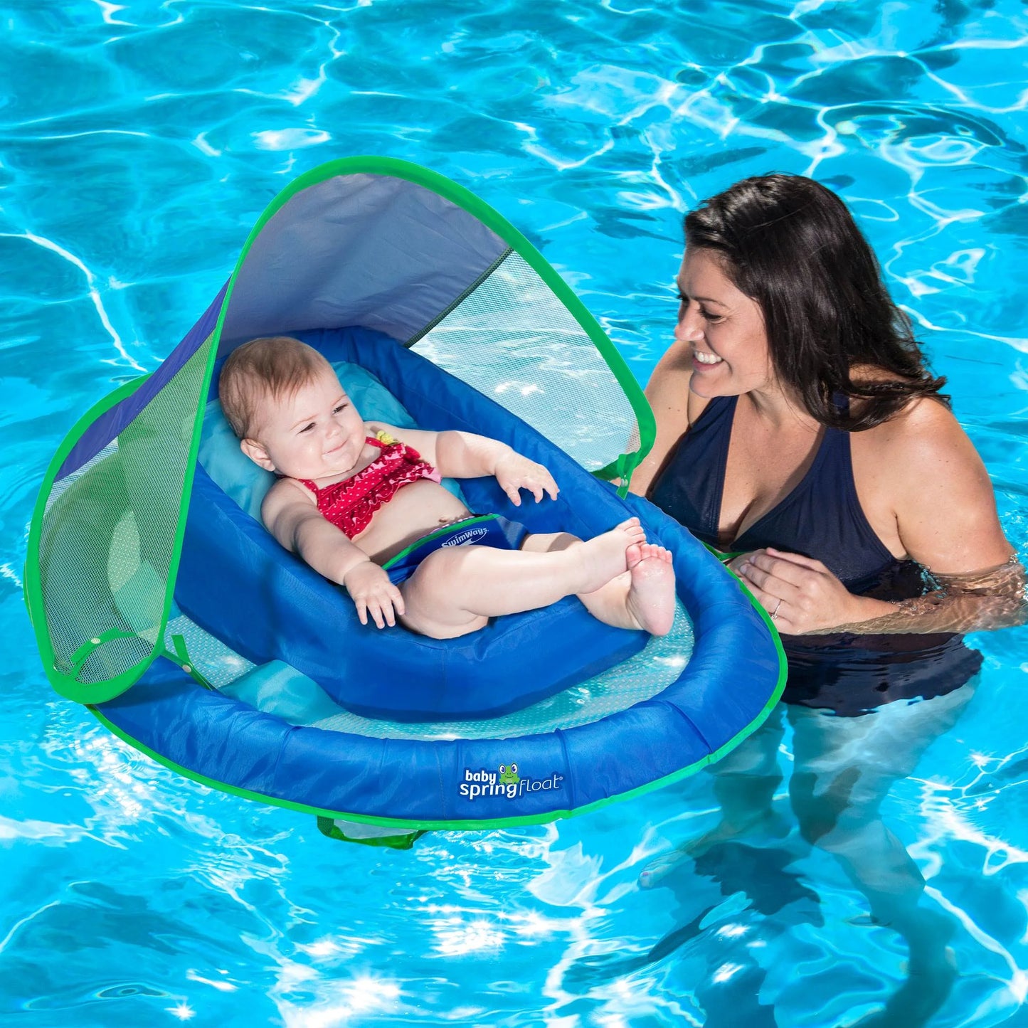 SwimWays Inflatable Infant Baby Spring Swimming Pool Float with Canopy, Blue